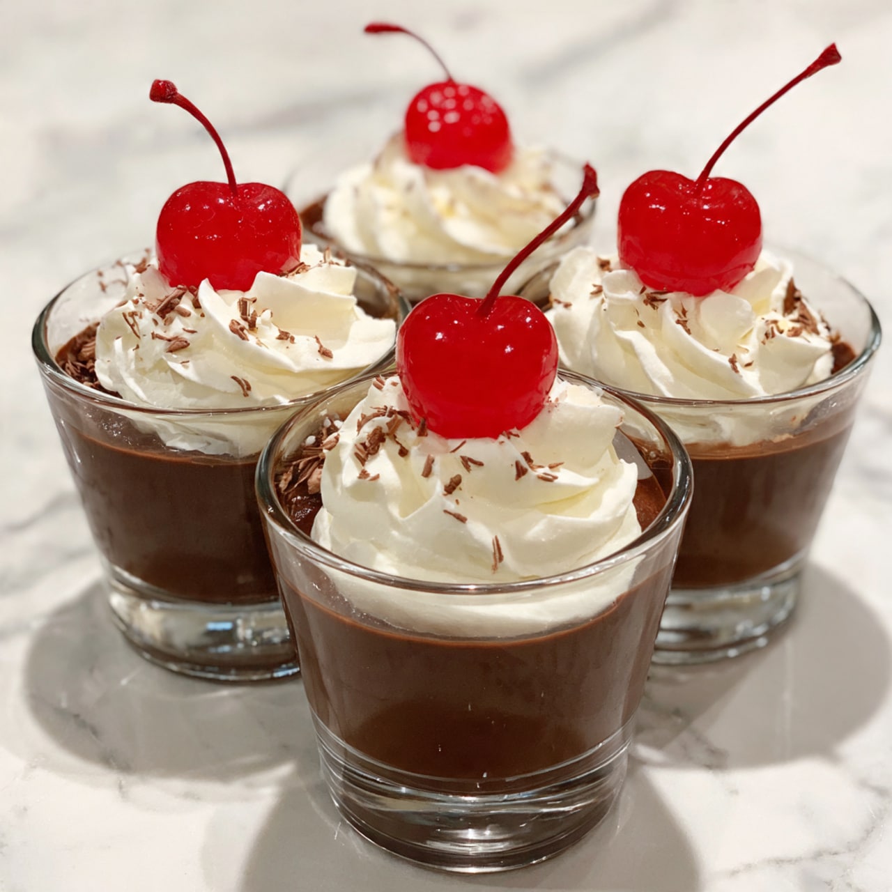 Three clear glass dessert cups hold layers of rich brown pudding topped with a fluffy white cream layer. Each dessert cup has one bright red cherry with a long stem placed on top of the cream. The cups sit on a white marbled surface, and the overall look is clean and simple. photo taken with an iphone --ar 4:5 --v 7