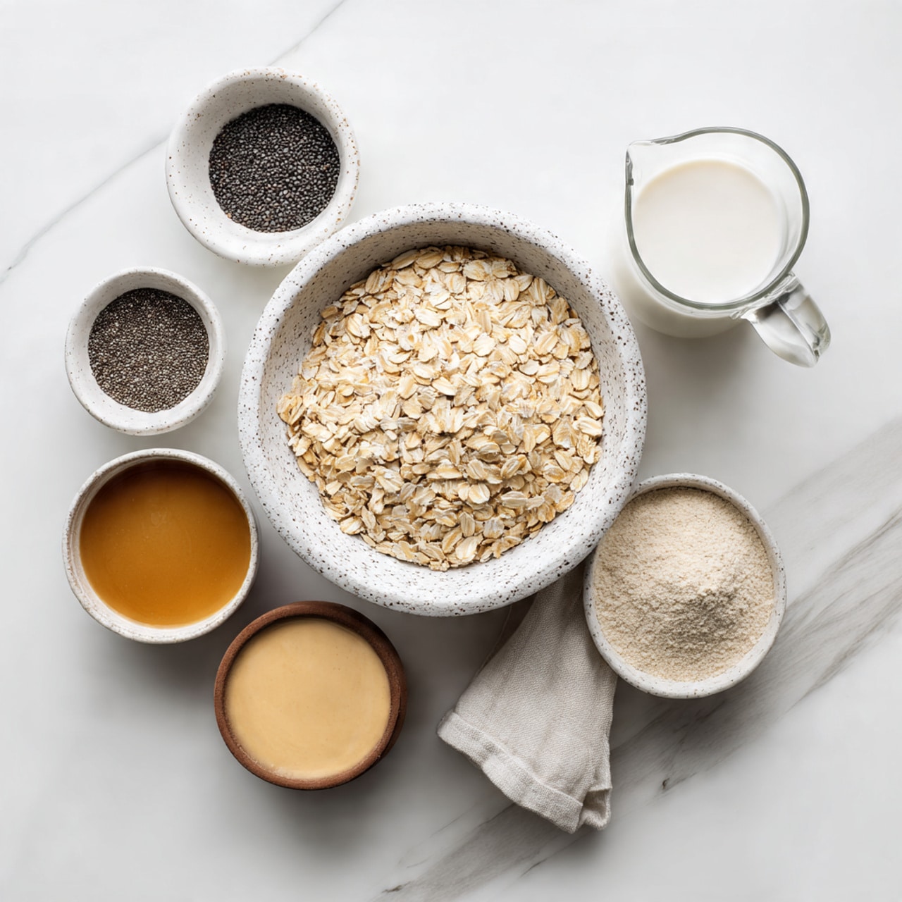 The image shows a light speckled white bowl filled with a single layer of dry rolled oats in the center on a white marbled surface. Above the bowl, there is a small terracotta bowl filled with small dark chia seeds next to a clear glass jug filled with white milk. To the left of these, two small speckled white containers hold a dark liquid and white salt. Below the oat bowl, there are three small speckled white bowls—one with a beige powder, one with a creamy tan liquid, and one with a dark amber liquid. A soft peach-colored cloth is placed on the right side of the scene. photo taken with an iphone --ar 4:5 --v 7