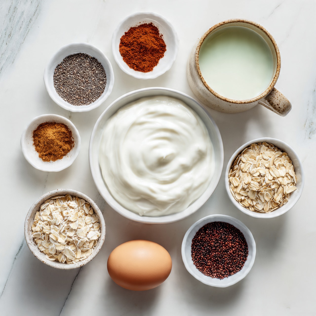 The image shows various ingredients arranged on a white marbled surface. At the center is a white bowl filled with thick white yogurt or cream. Surrounding it are small white bowls containing different items: light brown cinnamon powder, deep reddish-brown spice, dark speckled chia seeds, light beige powder, rolled light brown oats, and a single brown egg in a white bowl. A light brown mug with a white interior holds a light greenish liquid, likely milk. The colors and textures contrast softly against the white marbled background, with the items neatly spaced and a calm, natural feel to the setup. photo taken with an iphone --ar 4:5 --v 7