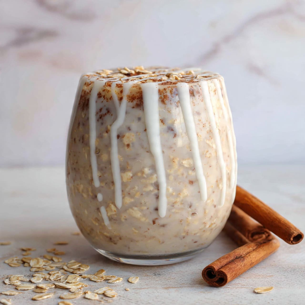 The image shows a clear round glass filled with a thick, creamy oatmeal mixture that has a beige color with visible oats and cinnamon specks throughout. The top layer is drizzled with a smooth white glaze in a zigzag pattern. Two whole cinnamon sticks stand upright on one side of the glass, adding a warm brown contrast to the oatmeal. The glass sits on a white wooden surface with some scattered oats around it, and the background features a soft white marbled texture. photo taken with an iphone --ar 4:5 --v 7