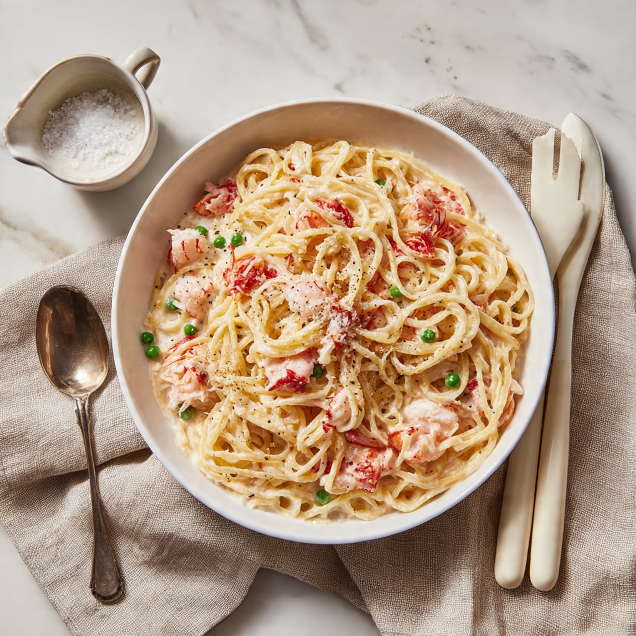A deep white bowl filled with creamy fettuccine pasta layered with a thick white sauce mixed with small chunks of bright red bell peppers and bits of pale green celery evenly spread throughout. The sauce coats the noodles and pieces of pink shrimp scattered across the dish, creating a rich and textured look. The bowl is placed on a soft beige cloth napkin, resting on a white marbled surface. To the right, there is a small white bowl filled with coarse salt and a vintage silver spoon; next to it are two white salad servers with light gray handles. photo taken with an iphone --ar 4:5 --v 7