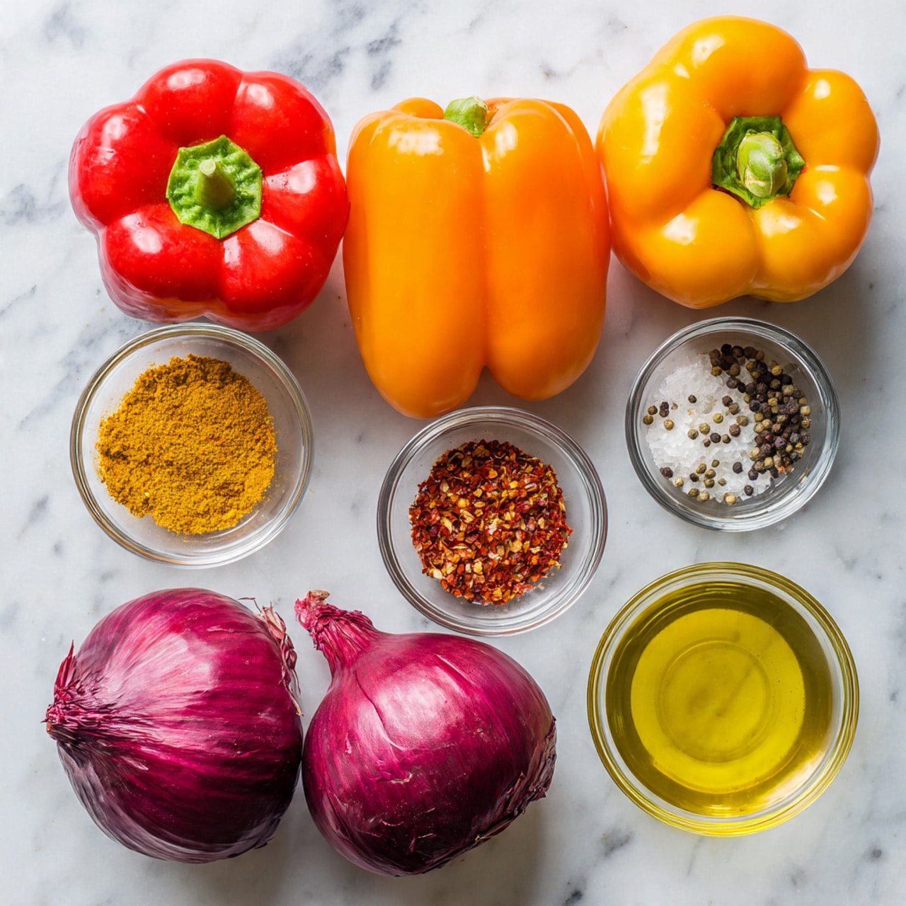 The image shows three large bell peppers in red, orange, and yellow colors placed on a white marbled surface. Below the peppers, there are two whole red onions with a shiny texture. Around them, five small clear glass bowls hold different spices and oil: one with a yellow powder, one with salt, one with red chili flakes, one with ground black pepper, and one with a light yellow oil. The items are arranged neatly with soft, even lighting. Photo taken with an iphone --ar 4:5 --v 7