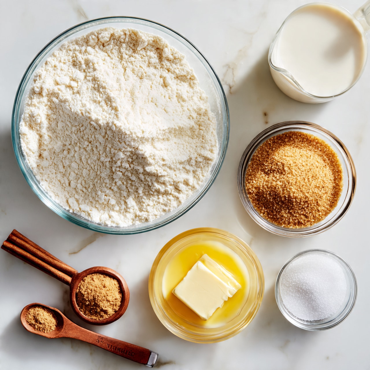 A clear glass bowl on a white marbled surface holds a large amount of white flour filling most of the bowl. To the right, a small clear bowl filled with bright yellow melted butter sits next to a wooden-handled metal measuring cup filled with packed light brown sugar. Below, on the left, a smaller wooden-handled measuring spoon with ground cinnamon is placed horizontally under the sugar cup. Next to it is a small clear bowl with a square piece of pale yellow butter in it. To the right, there is a small clear bowl with light brown dry yeast, and above it two more small clear bowls, one filled with white salt and the other with white granulated sugar next to a clear glass measuring jug filled with white milk. Everything is set neatly on a white marbled surface with soft natural light. photo taken with an iphone --ar 4:5 --v 7