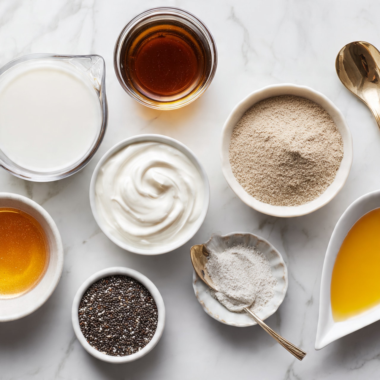 Seven white bowls and a transparent glass measuring cup stand on a white marbled textured surface. The top left holds a clear glass measuring cup filled with white liquid. To its right, a white bowl has a dark brown thick liquid. Next to it on the right is another white bowl with light brown powder. Below the measuring cup, a white bowl contains thick white cream. To the right of that, a white bowl holds small black chia seeds. Above the seeds, a white bowl has amber-colored liquid. On the far right, a curvy white leaf-shaped dish holds a silver spoon with golden liquid on it. The scene is bright with soft natural light, photo taken with an iphone --ar 4:5 --v 7