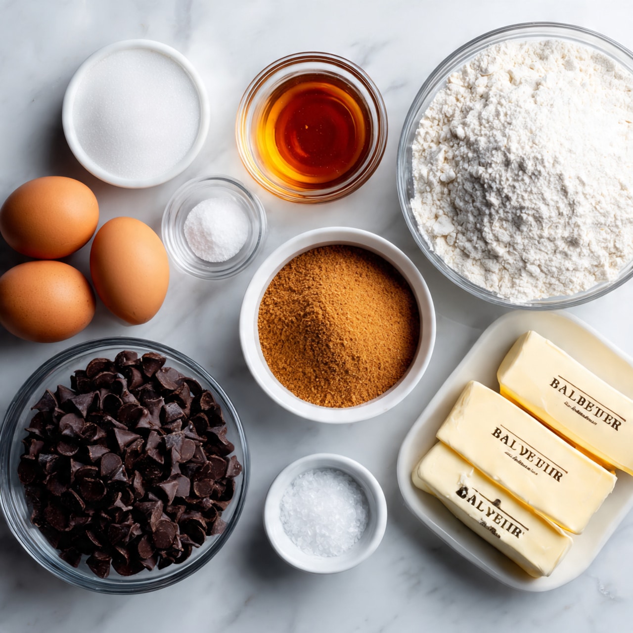The image shows a top view of baking ingredients arranged neatly on a white marbled surface. There is one large clear bowl filled with white flour at the top right, next to a small clear bowl with amber-colored vanilla extract. Below these, there are two white bowls, one with white granulated sugar and the other with light brown sugar. Two brown eggs rest side by side near the center-left. On the right, a small portion of butter (2 tablespoons), melted, rests nearby. At the bottom left, a larger clear bowl is filled with dark chocolate chips, and to the right is a small white bowl containing white baking soda and salt. photo taken with an iphone --ar 4:5 --v 7