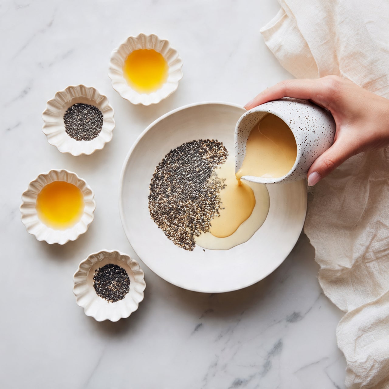 A pile of small black and white chia seeds rests in the middle of a white shallow bowl, with a woman's hand pouring a light beige liquid from a speckled white cup onto the seeds, creating a small creamy pool next to them; around the bowl are four small white scalloped-edge dishes holding the same light beige liquid, chia seeds, and a golden yellow liquid, all placed on a white marbled surface with a soft white cloth to the side. photo taken with an iphone --ar 4:5 --v 7