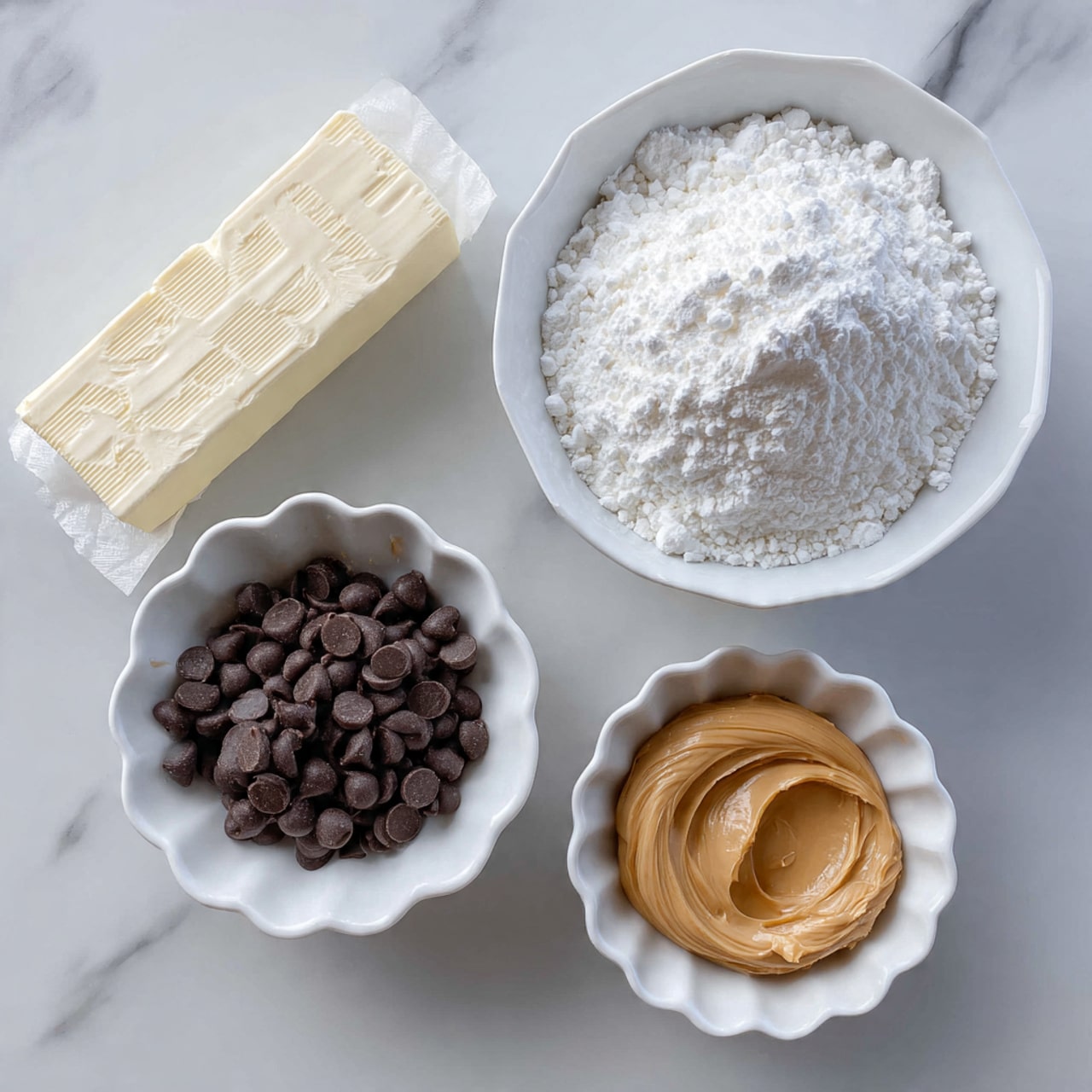 The image shows key ingredients for the recipe arranged on a white marbled surface: a bowl of natural peanut butter, a bowl of dark chocolate chips, a small jar of coconut oil, and a dish of maple syrup. The layout is neat with ingredients evenly spaced. Photo taken with an iphone --ar 4:5 --v 7