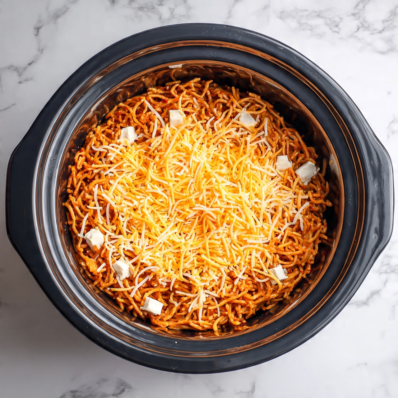 In the image, there is a slow cooker with a dark inside showing a layered dish. At the bottom, there are shredded light brown noodles or pasta. On top of the noodles, there are small chunks of white cheese spread evenly around the edges. Covering the cheese and noodles is a thick layer of bright orange shredded cheese. The inside of the cooker is smooth and shiny, and the slow cooker is placed on a white marbled surface. Photo taken with an iphone --ar 4:5 --v 7