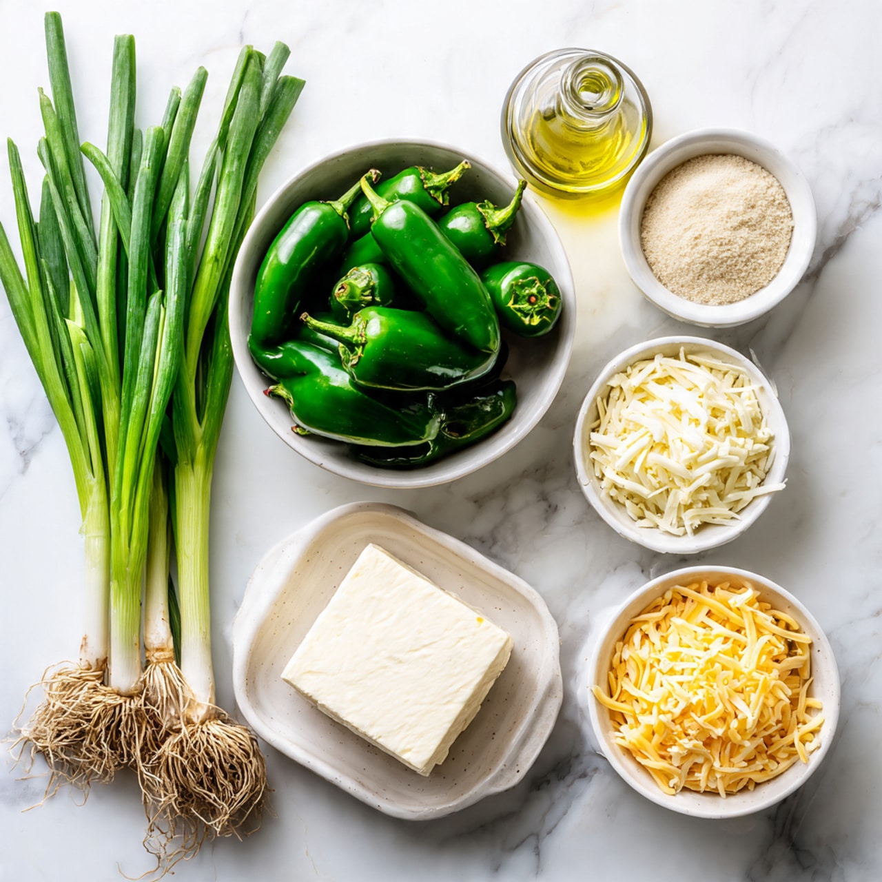 The image shows fresh ingredients arranged on a white marbled surface: a bunch of green onions with roots on the left; a white bowl filled with shiny green jalapeño peppers in the center; three small white bowls surrounding the jalapeños, one with shredded white cheese at the top, one with light beige powder to the right, and one with shredded yellow cheese at the bottom right; and a white oval dish at the bottom holding a rectangular block of cream cheese with a smooth, creamy texture. A glass bottle with light yellow oil is placed near the top right. photo taken with an iphone --ar 4:5 --v 7