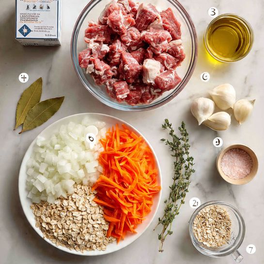A clear glass bowl sits near the top center filled with red and white marbled chunks of raw beef. Below it, a white plate holds two layers: on the left, a thick layer of small, chopped white onions, and on the right, a thick layer of bright orange, thinly sliced carrots. At the bottom center, a clear glass measuring cup is filled with dry beige rolled oats. To the left of the plate, there are two green bay leaves laying flat and two small sprigs of green thyme. Above the bay leaves, a small clear bowl holds three whole garlic cloves with a pale cream color. On the right side of the beef bowl, there are upright bottles of olive oil with a transparent yellow liquid, black pepper in a dark container, and pink salt in a light container. On the far left, a carton of beef broth stands tall with a blue and white design. All these ingredients rest on a white marbled surface photo taken with an iphone --ar 4:5 --v 7