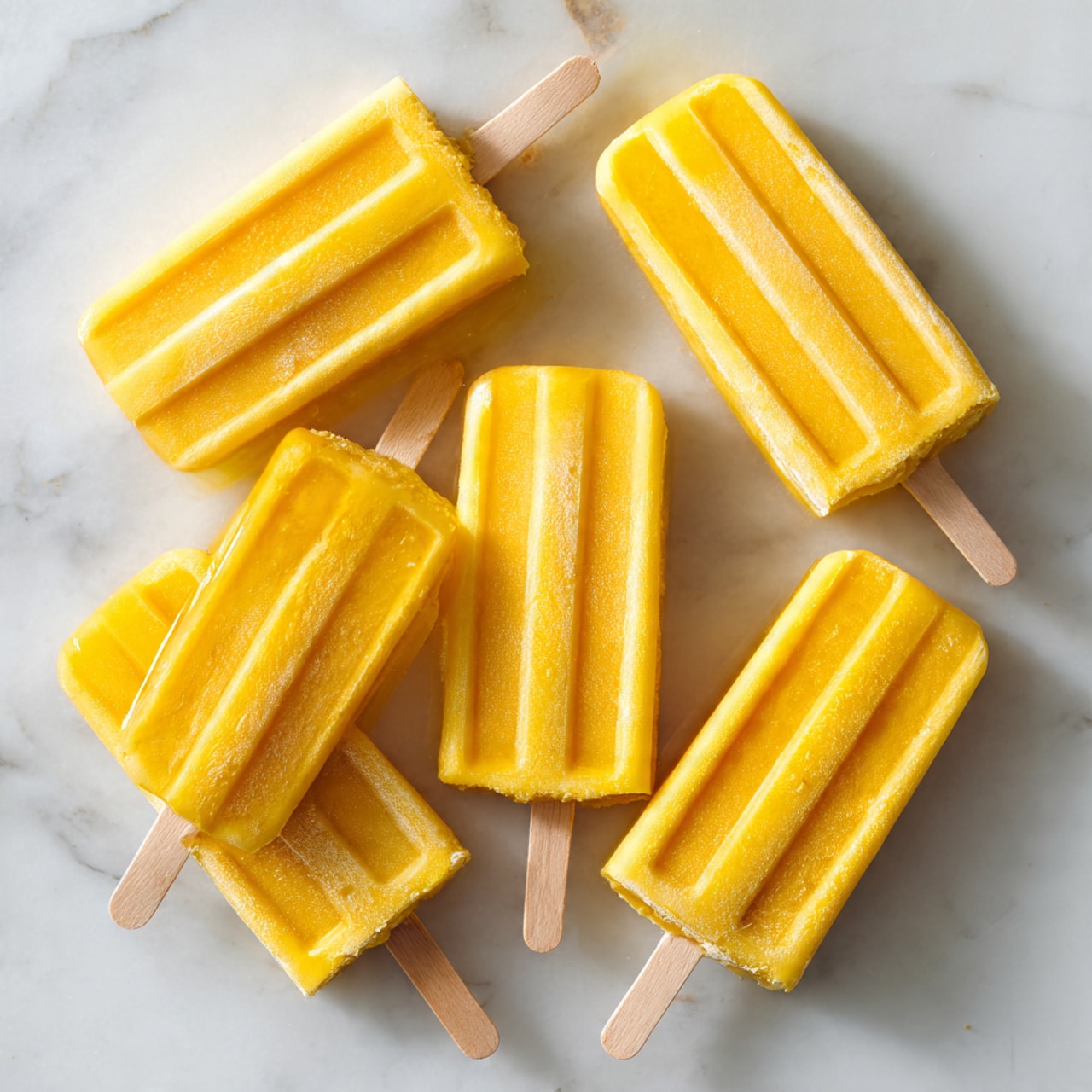 The image shows several yellow popsicles with a smooth, slightly shiny surface, arranged casually on a white marbled background. The popsicles are rectangular with rounded edges and ridged details, each on a visible wooden stick. The bright yellow color looks fresh and vibrant, and one popsicle is lying across others, creating a layered look. The texture appears cold and solid, suggesting they are frozen and refreshing. photo taken with an iphone --ar 4:5 --v 7