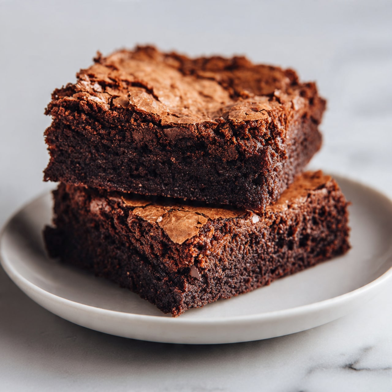 The image shows two square chocolate brownies stacked on a white plate. The top brownie has a cracked, slightly shiny surface with a rich dark brown color and a moist, dense texture inside. The brownie below is thicker and also dark brown, showing a soft and fudgy inside. The plate sits on a white marbled surface, and there is soft natural light highlighting the texture of the brownies. photo taken with an iphone --ar 4:5 --v 7