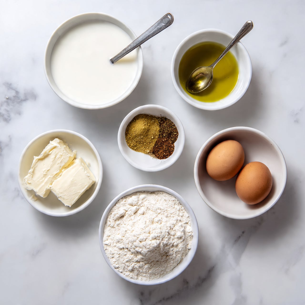The image shows six small white bowls arranged on a white marbled surface. The largest bowl in the top left corner holds a smooth white liquid, likely milk. To its right, a white bowl contains a greenish oil with a silver spoon resting inside. Below the milk bowl, there is a bowl with a mix of yellow powder and dark brown spices. Next to it, a bowl contains a white solid, possibly butter or lard. On the right side, a bowl has two whole brown eggs. At the bottom center of the image, a bowl is filled with white flour. The arrangement is neat and the textures of each ingredient are clear. photo taken with an iphone --ar 4:5 --v 7