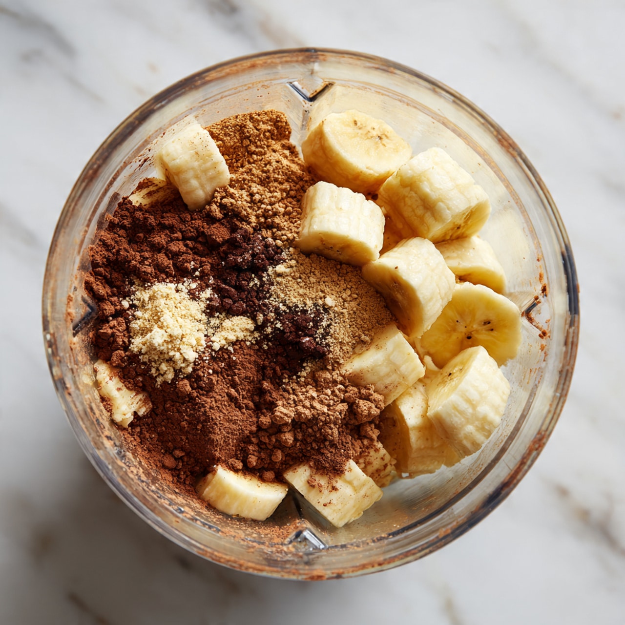 Inside a clear blender bowl, there is a first layer of small, pale yellow frozen banana chunks. On top of the banana chunks, there is a layer of light brown powder and a layer of darker brown cocoa powder scattered unevenly. The blender bowl is set against a white marbled surface. The photo is taken from above, showing all the ingredients clearly. photo taken with an iphone --ar 4:5 --v 7