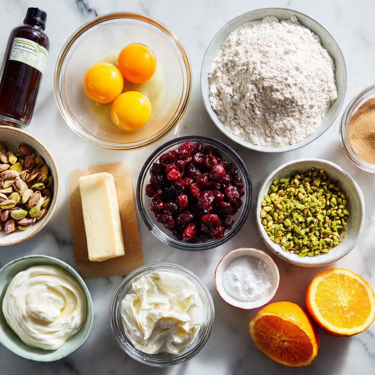 The image shows several clear glass bowls arranged on a white marbled surface, each containing different baking ingredients. There are two eggs placed on top of white flour in a large bowl, bright red cranberries in a medium bowl, green pistachios, white granulated sugar, brown sugar, and creamy white yogurt or sour cream in smaller bowls. Two halves of a bright orange orange sit side by side, next to a stick of pale yellow butter wrapped in paper. A dark brown bottle labeled vanilla extract is also visible. The scene is bright with natural light. Photo taken with an iphone --ar 4:5 --v 7