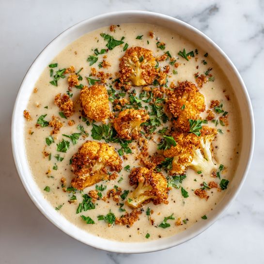 The image shows a white bowl filled with creamy cauliflower soup, which is light beige in color and has a smooth texture. On top of the soup, there are several small pieces of cauliflower arranged unevenly, and golden brown crispy crumbs sprinkled all over. Some small green parsley leaves are scattered on the surface, adding a touch of color and freshness. The bowl is set on a white marbled surface. Photo taken with an iphone --ar 4:5 --v 7