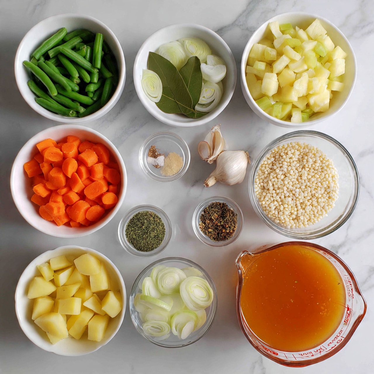 The image shows a top-down view of various ingredients for cooking, all arranged neatly on a white marbled surface. There are 12 small white bowls and two clear glass bowls and one clear glass measuring cup. The bowls hold chopped green beans, bright orange sliced carrots, fresh green celery slices, chopped white onions, a bay leaf, dried herbs, whole garlic cloves, coarse salt, black pepper, and dried herbs again, all placed in a tidy pattern. The clear glass bowls contain diced yellow potatoes and pearl barley, while the glass measuring cup holds a golden-orange broth. The colors of the ingredients contrast nicely, with greens, oranges, reds, whites, and yellows standing out against the clean white marble background. Photo taken with an iphone --ar 4:5 --v 7