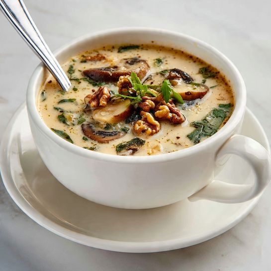 The image shows a white bowl filled with creamy soup that has a thick, light beige color. Inside the soup, there are many sliced brown mushrooms and light pieces of potato, all mixed well in the creamy base. The soup is topped with small green herb leaves and some toasted walnut pieces that add texture on top. The bowl rests on a matching white plate on a white marbled surface. A metal spoon sits inside the bowl on the left side, partially submerged in the soup. Photo taken with an iphone --ar 4:5 --v 7