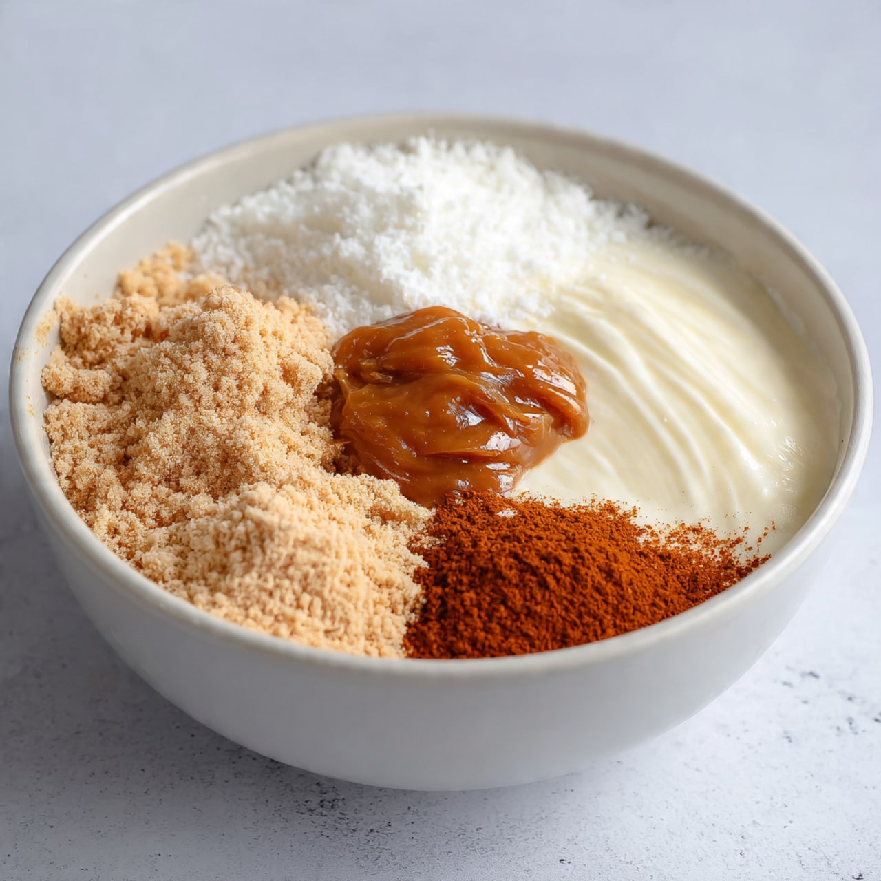 The image shows a white bowl on a white marbled surface, filled with four separate layers of ingredients. The largest layer covers nearly half the bowl and is thick and creamy white with a smooth, slightly fluffy texture. To the left, a pile of light brown powder with a crumbly texture sits, taking up about one-third of the bowl. Between the white and brown layers, there is a small mound of fine reddish-brown powder. On top of this powder, slightly overlapping, is a dollop of thick, shiny caramel-brown paste with a glossy texture and irregular shape. Photo taken with an iphone --ar 4:5 --v 7