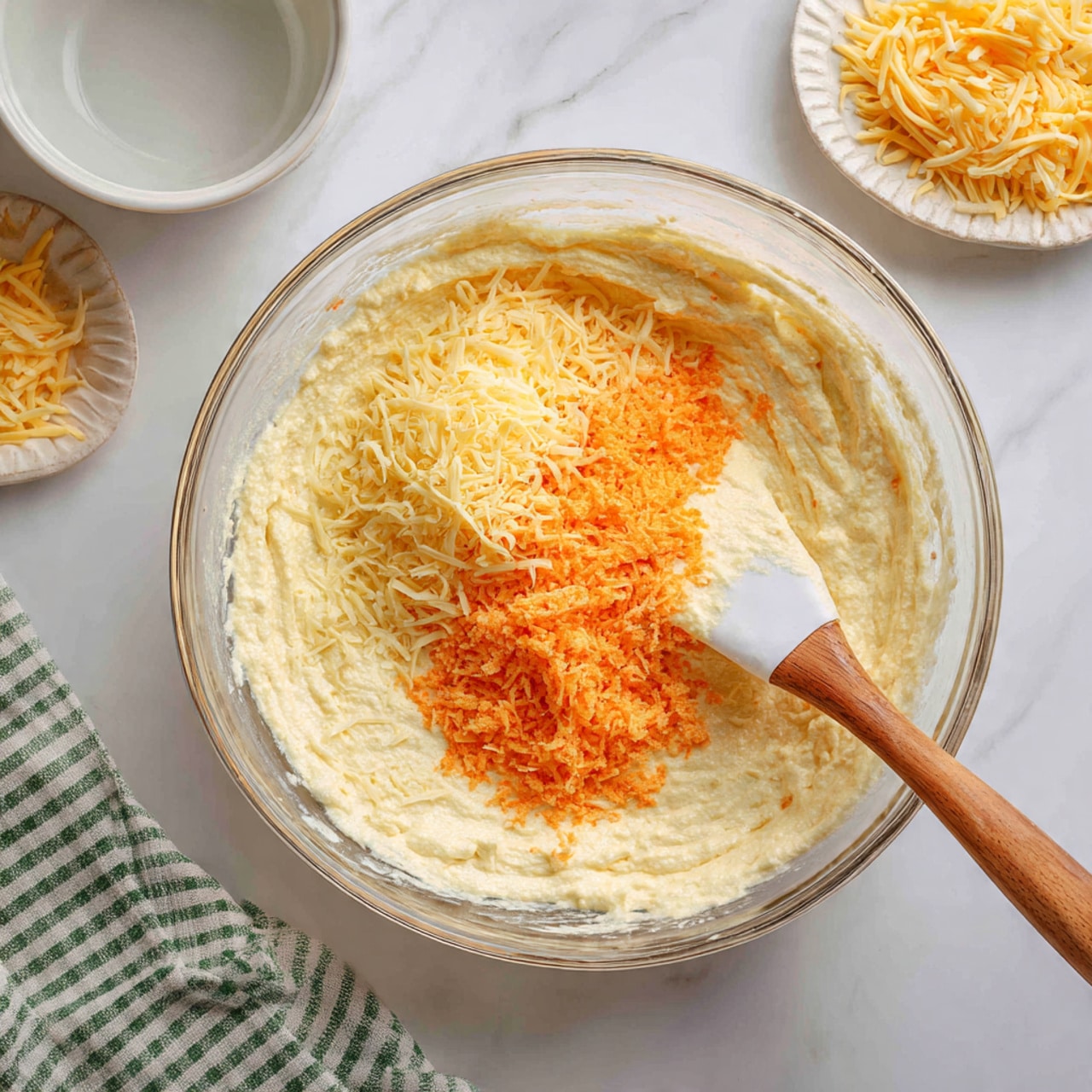 A clear glass bowl sits on a white marbled surface filled with a creamy light yellow batter. On top of the batter, there are three visible layers of cheese: a pale yellow shredded cheese on the left, a bright orange shredded cheese in the middle, and a light powdery cheese on the right. A wooden-handled spatula with a white silicone head rests inside the bowl, touching the powdery cheese. Nearby on the surface are a small white plate with shredded cheese and a white bowl lid. A white and green checkered cloth is partially visible at the bottom left corner. Photo taken with an iphone --ar 4:5 --v 7