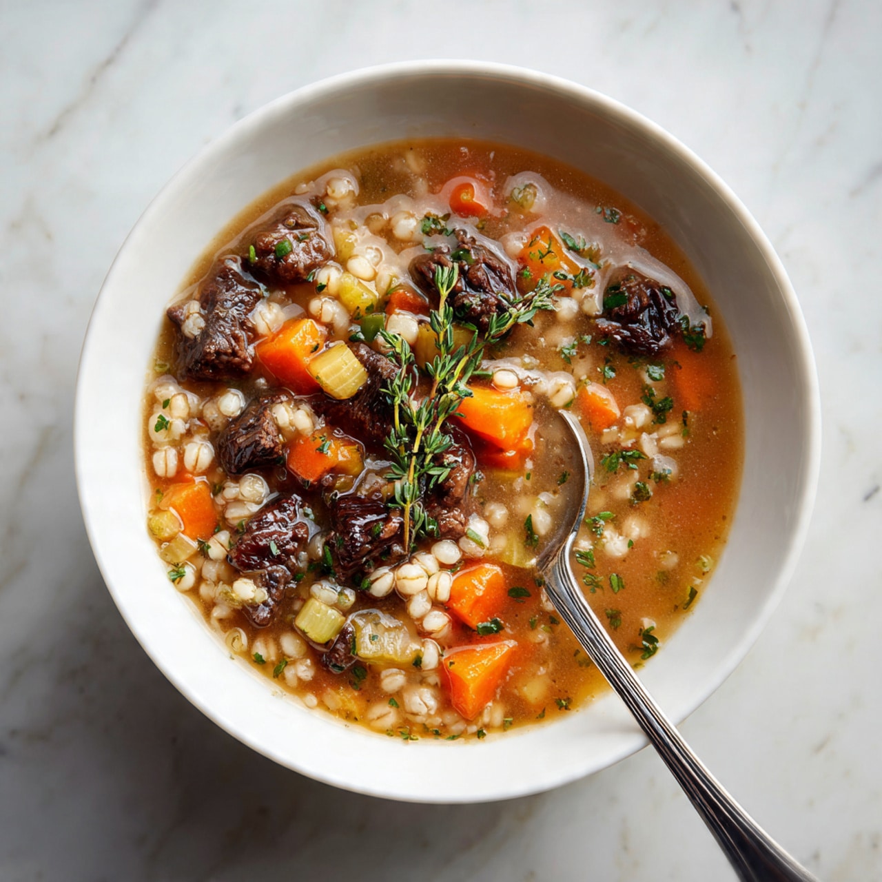 A white bowl filled with a thick soup that has visible layers including chunky pieces of dark brown meat, small orange carrot cubes, pearl barley grains, and finely chopped green herbs mixed in a light brown broth. The spoon inside the bowl has a reflective silver shine and rests on the right side of the bowl. A sprig of fresh green thyme lies on top of the soup, adding a fresh contrast to the warm colors. The bowl is placed on a white marbled surface. Photo taken with an iphone --ar 4:5 --v 7