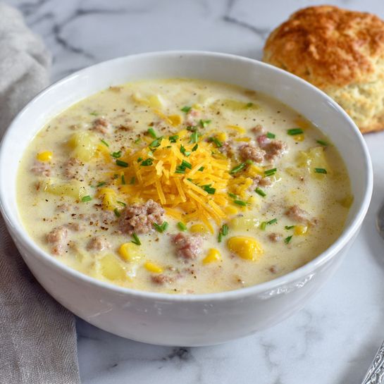 A white bowl filled with creamy soup that has small pieces of pale pink sausage, light yellow corn kernels, and small bits of white potato inside. On top, there is a small mound of shredded bright yellow cheese and a sprinkling of green herbs. The bowl sits on a white marbled surface with a biscuit that has a golden brown crust placed next to it. Photo taken with an iphone --ar 4:5 --v 7