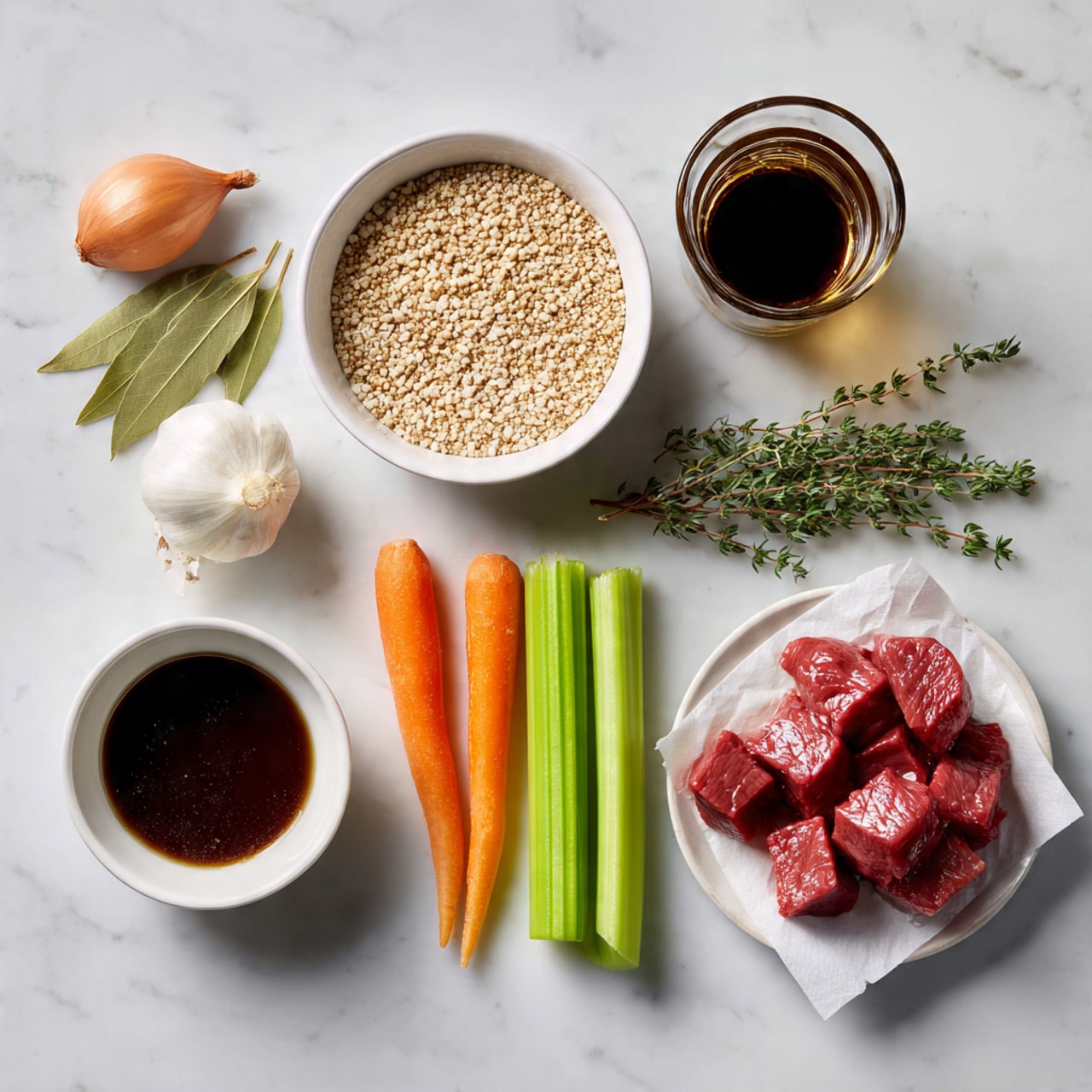 The image shows ingredients for cooking laid out on a white marbled surface: a white bowl filled with small beige grains, a peeled light brown onion, three garlic cloves, two fresh green celery sticks, two orange carrots, a sprig of green thyme, three bay leaves, a clear glass cup with dark brown liquid, a small white bowl of thick dark sauce, and a plate with bright red raw meat cubes on white paper. Photo taken with an iphone --ar 4:5 --v 7