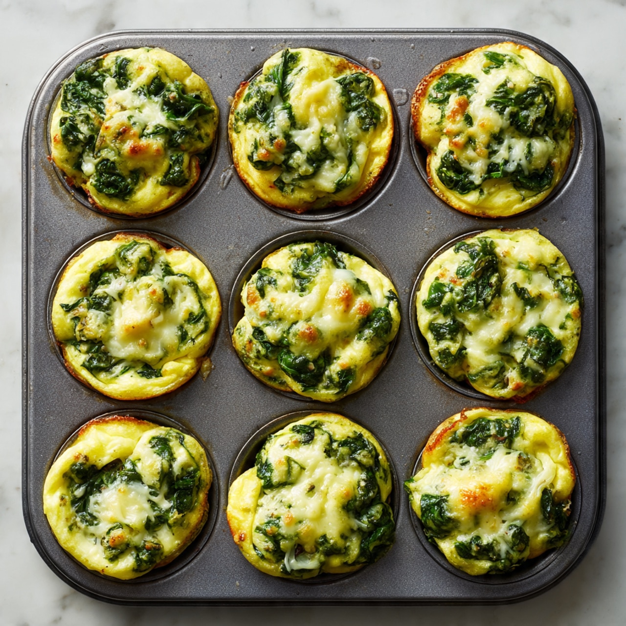 The image shows a metal muffin tray filled with 12 small egg muffins. Each muffin has several layers visible: the base is light yellow egg mixed with vibrant green spinach pieces spread evenly throughout, and bits of melted cheese with a slightly golden texture are sprinkled on top. The muffins are neatly cooked with a soft and slightly puffy texture. The tray rests on a white marbled surface. Photo taken with an iphone --ar 4:5 --v 7