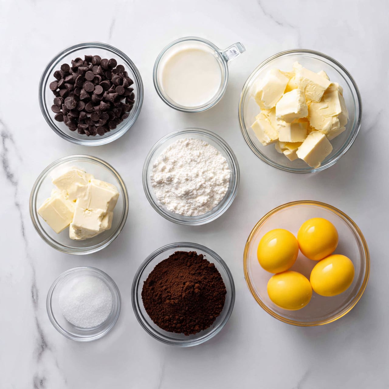The image shows a white marbled surface with seven small clear bowls and containers arranged neatly. There is a bowl filled with dark chocolate chips, a small bowl holding softened butter, a clear measuring cup with cream or milk, another small bowl containing white sugar, a bowl with brown sugar, a bowl with dark brown cocoa powder, and a glass jar with three large yellow eggs. The containers are spaced evenly and viewed from above, all sitting on the clean white marbled background. Photo taken with an iphone --ar 4:5 --v 7