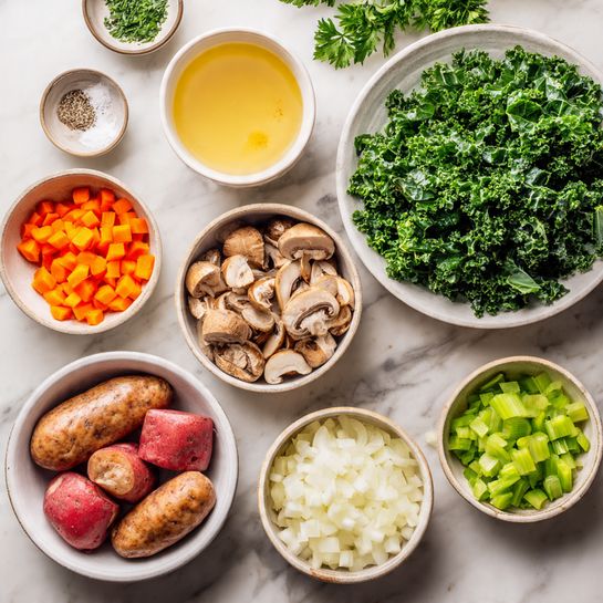 The image shows a white marbled surface with a collection of small white bowls and plates, each holding different fresh ingredients. Starting from the bottom, there is a white bowl with quartered red potatoes, next to three brown sausages. Above it, a large white plate filled with chopped green kale occupies the space. To the right of the kale, a small white bowl holds yellow liquid, likely butter or oil. Above that, there is a smaller white bowl filled with a light brown liquid, possibly broth. Near the top center, a white bowl is filled with sliced brown mushrooms. Below that, beside the mushrooms, there is a bowl with finely diced white onions. Above and slightly left, a small bowl holds diced orange carrots, and another small bowl with chopped green celery sits to the right of the carrots. A small white bowl with coarse salt and pepper stands near the top left. Fresh green parsley is on the right side of the image, partially visible. Photo taken with an iphone --ar 4:5 --v 7