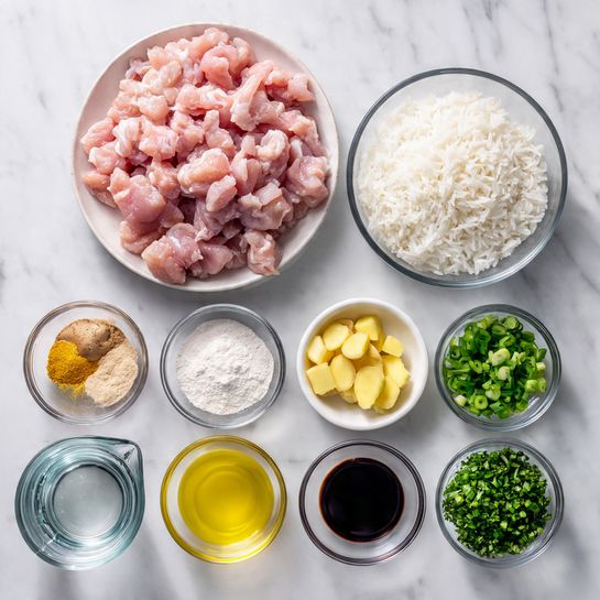 The image shows ingredients arranged on a white marbled surface. There is one large clear bowl on the left filled with small, pink, raw chicken pieces. To its right, there is another clear bowl with white rice soaked in water. Further right, there is a small bowl holding chopped green onions. Below these, there is a white round plate with multiple small clear bowls arranged neatly on it: from left to right, a bowl with ground ginger, a bowl with white flour, a bowl with white salt, a bowl with sliced yellow ginger, a bowl with a dark brown liquid soy sauce, a bowl with light yellow oil, and a bowl with chopped green herbs. Below all these bowls, there is a glass measuring cup with clear liquid, likely water. The image is clean and well-lit, with all items clearly visible. photo taken with an iphone --ar 4:5 --v 7