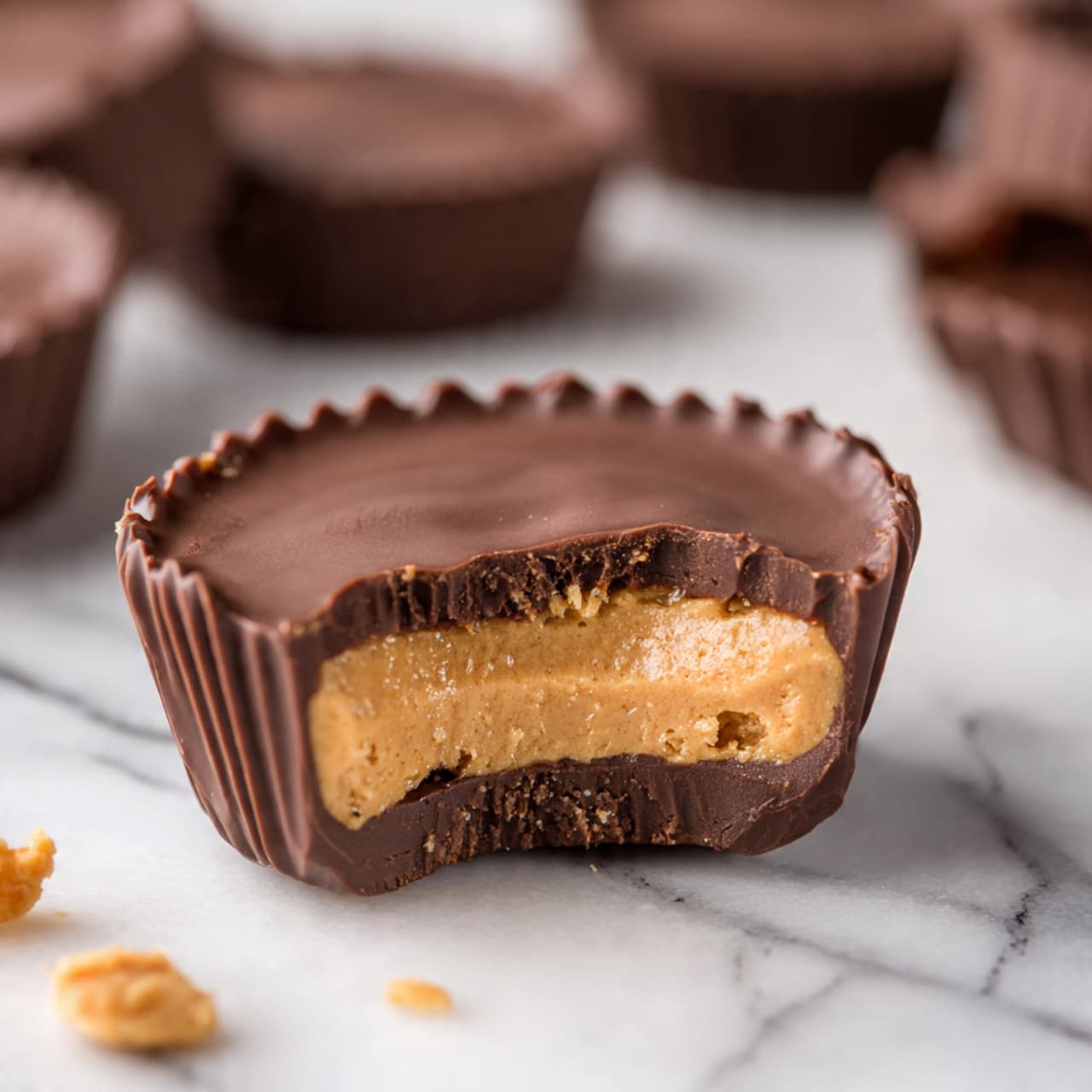 The image shows a close-up of a chocolate peanut butter cup with one bite taken out of it. The cup has three visible layers: a smooth, thick dark brown chocolate outer shell forms the top and sides, a soft, light tan peanut butter filling in the middle, and a darker chocolate base layer at the bottom. The edges of the chocolate shell are slightly wavy, and there are a few small peanut butter crumbs scattered on a white marbled surface beneath the cup. In the background, there are several whole chocolate peanut butter cups blurred out. Photo taken with an iphone --ar 4:5 --v 7