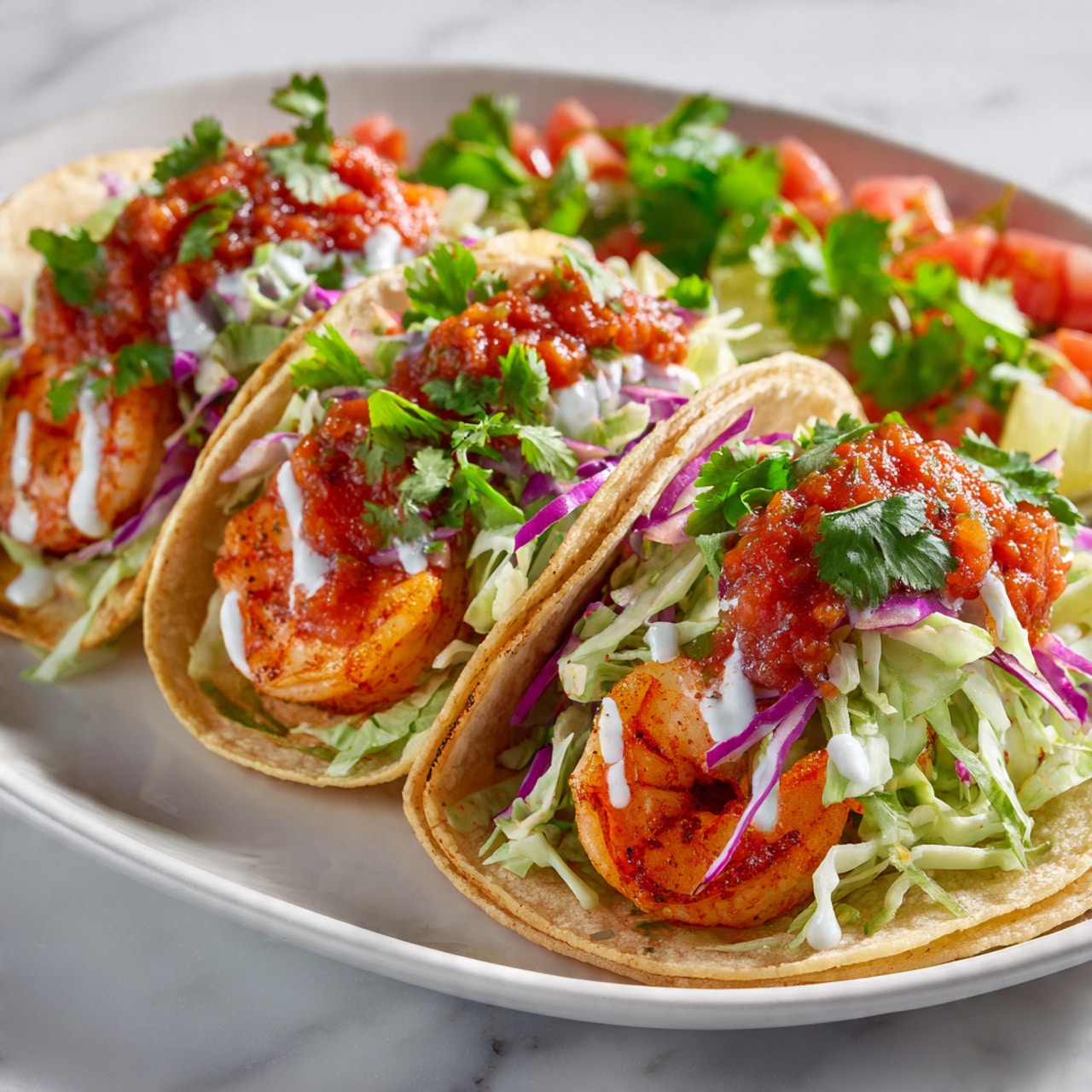 Three soft white tortillas folded in half are filled with cooked shrimp at the bottom, topped with light green shredded lettuce, fresh bright green cilantro leaves, thin slices of white onion, and a rich red salsa sauce dolloped on top. The tacos sit closely side by side on a white plate over a white marbled surface, with some scattered cilantro leaves and a small red cherry tomato in the background. The image is clear and warm, showing the layers of ingredients with fresh textures and vibrant colors, photo taken with an iphone --ar 4:5 --v 7