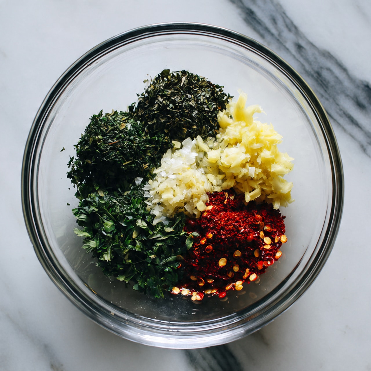 The image shows a clear glass bowl placed on a white marbled surface, filled with four separate piles of spices and minced garlic. The top left pile is a greenish dried herb, the top right is minced garlic with a soft yellow color, the bottom left is another type of green dried herb, and the bottom right is red chili flakes with a bright red color. Around the bowl, there are small bowls containing liquids and an herb bunch partially visible, maintaining clean and simple styling. Photo taken with an iphone --ar 4:5 --v 7