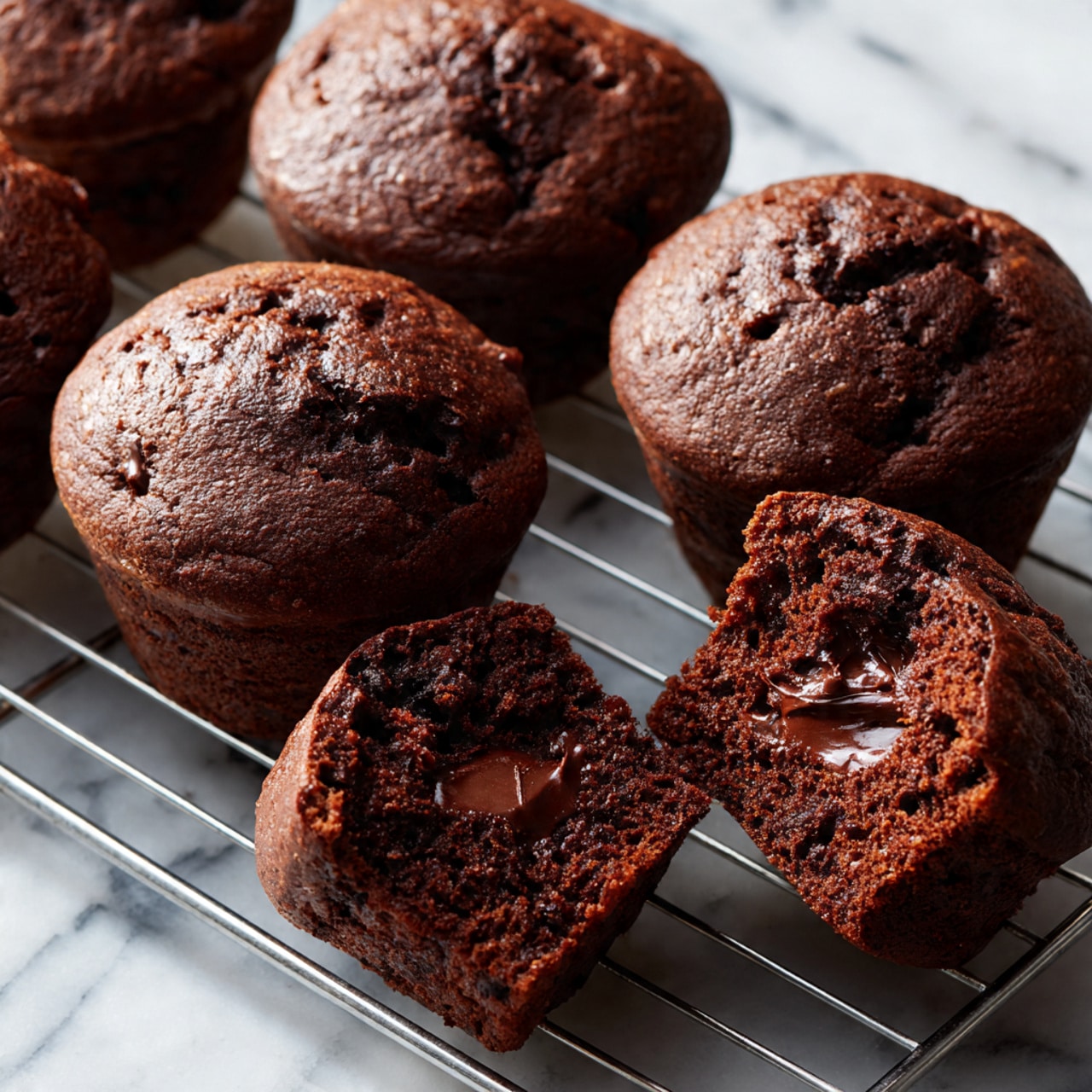 The image shows a group of dark brown chocolate muffins on a cooling rack placed over a white marbled surface. There are four whole muffins arranged in a row, with their tops rounded and slightly cracked, showing a soft and moist texture. One muffin is sliced in half, lying on its side, revealing a smooth, lighter-colored creamy chocolate center inside. The muffins have a rich, dense look with a slightly rough texture on the top and soft crumb inside. photo taken with an iphone --ar 4:5 --v 7