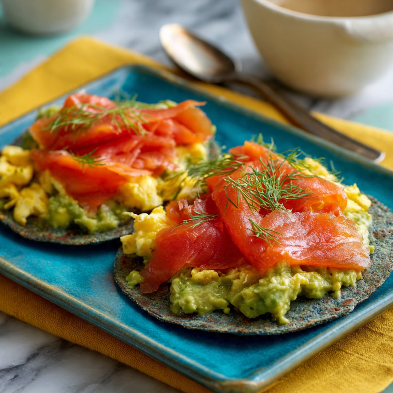 Two blue corn tortillas lie flat on a rectangular blue plate. Each tortilla has three layers: the first layer is a spread of chunky green avocado, the second layer is a fluffy pale yellow scrambled egg, and the top layer is a few slices of bright red smoked salmon, garnished with small green dill sprigs. The plate is set on a yellow cloth with a blurred white bowl and silver spoon in the background. The surface beneath is a white marbled texture. Photo taken with an iphone --ar 4:5 --v 7