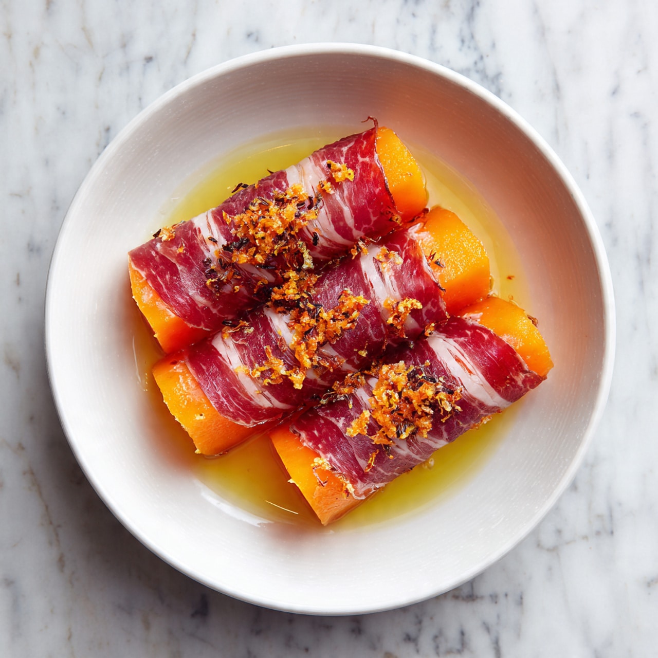 A white bowl holds four slices of orange melon arranged side by side, each piece wrapped with a thin layer of deep red cured meat with light pink edges. Small bits of orange zest are sprinkled on top of the wrapped melon slices, and a light drizzle of oil or juice is visible at the bottom of the bowl. The bowl sits on a white marbled surface. photo taken with an iphone --ar 4:5 --v 7