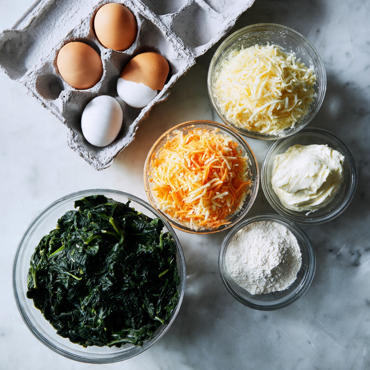 The image shows six eggs in a gray carton at the top left, with four clear glass bowls arranged around them on a white marbled surface. The largest bowl at the bottom left holds dark green cooked spinach with a soft texture. To the right of the spinach, a medium bowl contains a mix of grated cheese in light yellow and orange colors. Above the cheese, a small bowl is filled with a creamy white substance that looks thick and smooth. Next to this, another small bowl contains a white powder, while a third small bowl holds a slightly different white powder, both with fine textures. Photo taken with an iphone --ar 4:5 --v 7