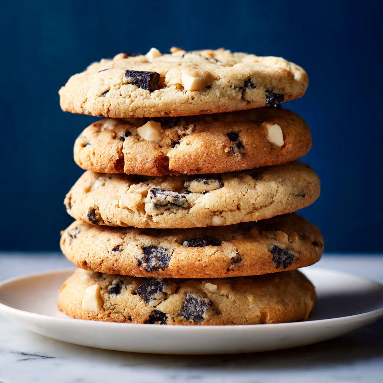 A stack of five thick, golden-brown cookies sits on a white plate on a white marbled surface. Each cookie is studded with scattered dark chocolate pieces and white chocolate chips, adding spots of dark brown and creamy white throughout. The cookies have a soft, slightly crumbly texture with small cracks on the surface, showing they are freshly baked. The background is a deep blue color, making the cookies stand out clearly. photo taken with an iphone --ar 4:5 --v 7