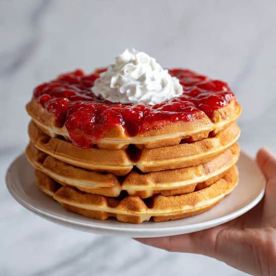 The image shows a stack of five golden brown waffles with a crisp texture, each waffle layer clearly visible and evenly stacked on a white plate. On top of the waffles is a thick layer of bright red strawberry sauce, spread in a circular shape, and a small dollop of white whipped cream sits in the center of the sauce. A woman's hand is holding the white plate from the side. The background is a white marbled surface, making the colors of the waffles and sauce stand out. Photo taken with an iphone --ar 4:5 --v 7