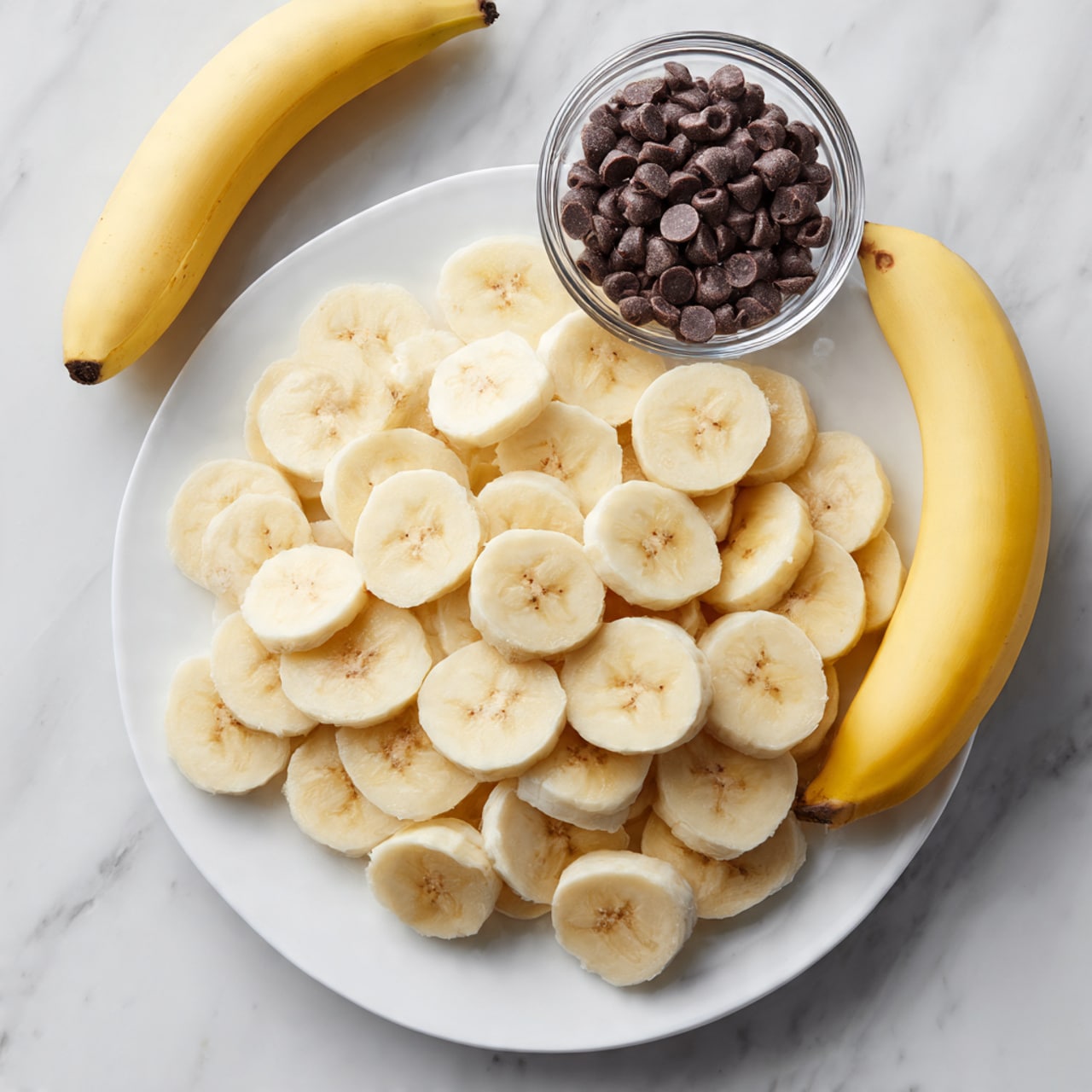 The image shows a white plate on a white marbled surface. On the plate, there is a layer of round banana slices evenly spread out. Next to the plate on the same surface, there is a small clear glass bowl filled with dark brown chocolate chips, and a single whole yellow banana is placed behind the bowl. The banana slices have a smooth, soft texture and pale yellow color with light brown edges. Photo taken with an iphone --ar 4:5 --v 7