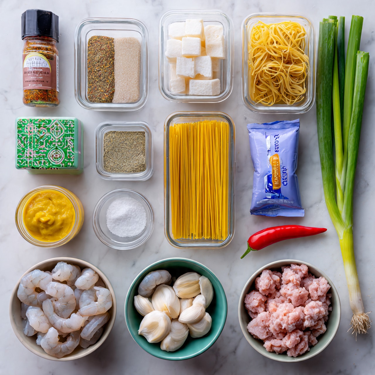 The image shows ingredients neatly placed on a white marbled surface. At the top left, there is a clear bottle with a brown spice, to its right a small white bowl with chopped garlic, and next to that a box of cardamom pods. Below, there is a bottle of yellow mustard sauce, a package of blue pasta, and beside it a white bowl of softened butter cubes. To the right, two green onions lay diagonally with a red bell pepper slice near their bottom ends. At the bottom left, a white bowl contains cooked bacon pieces, and below that, a white bowl holds raw shrimp with a white garlic bulb near it. The arrangement is orderly, showing each ingredient clearly. Photo taken with an iphone --ar 4:5 --v 7