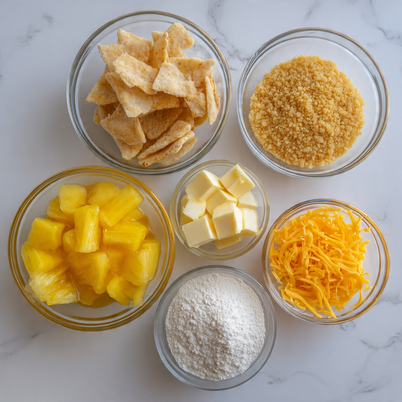 Seven clear glass bowls are arranged on a white marbled surface. The biggest bowl on the bottom left holds bright yellow pineapple chunks in syrup. Above it, a medium bowl contains crushed pale golden crackers. To the right of the crackers, a small bowl holds three square pieces of light yellow butter. Below the butter, a small bowl is filled with fine white flour. To the right of the flour, another small bowl contains granulated white sugar. Above the sugar, a medium bowl holds shredded orange-yellow cheddar cheese. In the center between all bowls, a small bowl contains a pale yellow liquid, likely oil or juice. The image is clear and bright, shot from above. photo taken with an iphone --ar 4:5 --v 7