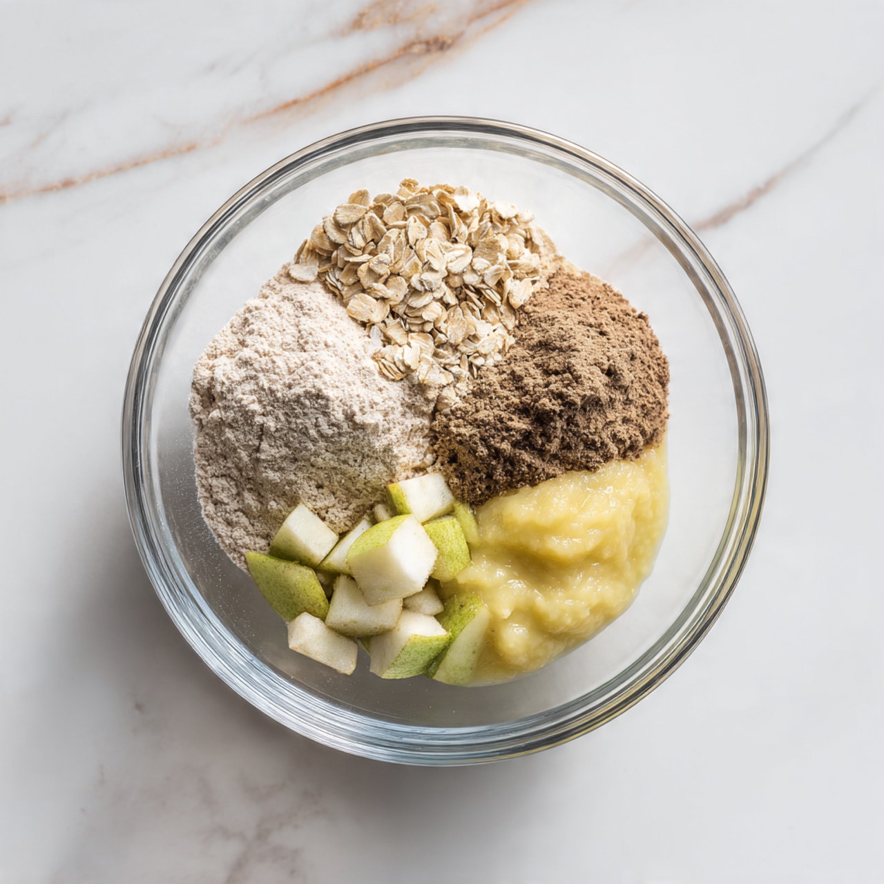 A clear glass bowl on a white marbled surface holds five separate layers of ingredients. On the left side, there is a light beige powder with a slightly coarse texture. Above it, a layer of rolled oats in pale yellow is placed. To the right of the oats, a mound of brown powder is visible with a fine texture. Next to it, small chunks of green apple with some white flesh showing rest in the bowl. The bottom right of the bowl shows a light yellow smooth, thick layer resembling applesauce. Each ingredient is carefully arranged without mixing, showing clear borders. Photo taken with an iphone --ar 4:5 --v 7