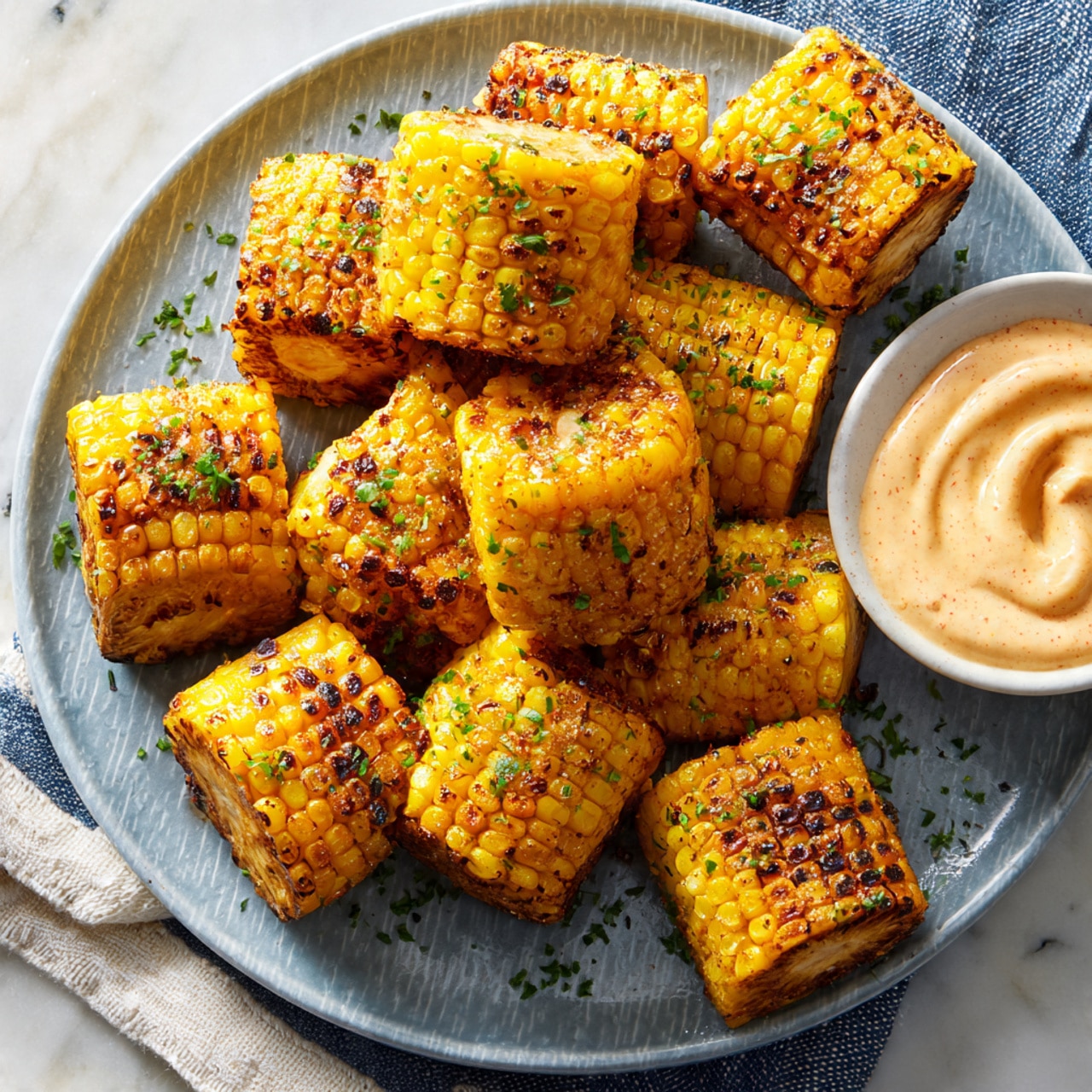 The image shows about ten pieces of grilled corn on the cob cut into small segments with a golden yellow color and charred brown marks, sprinkled with green herbs on top, spread loosely on a light blue textured plate. At the bottom right of the plate, there is a small white bowl filled with a creamy light orange dipping sauce, with one corn piece dipped in it. The setting is on a white marbled surface with parts of white and blue textured cloth visible at the edges. photo taken with an iphone --ar 4:5 --v 7
