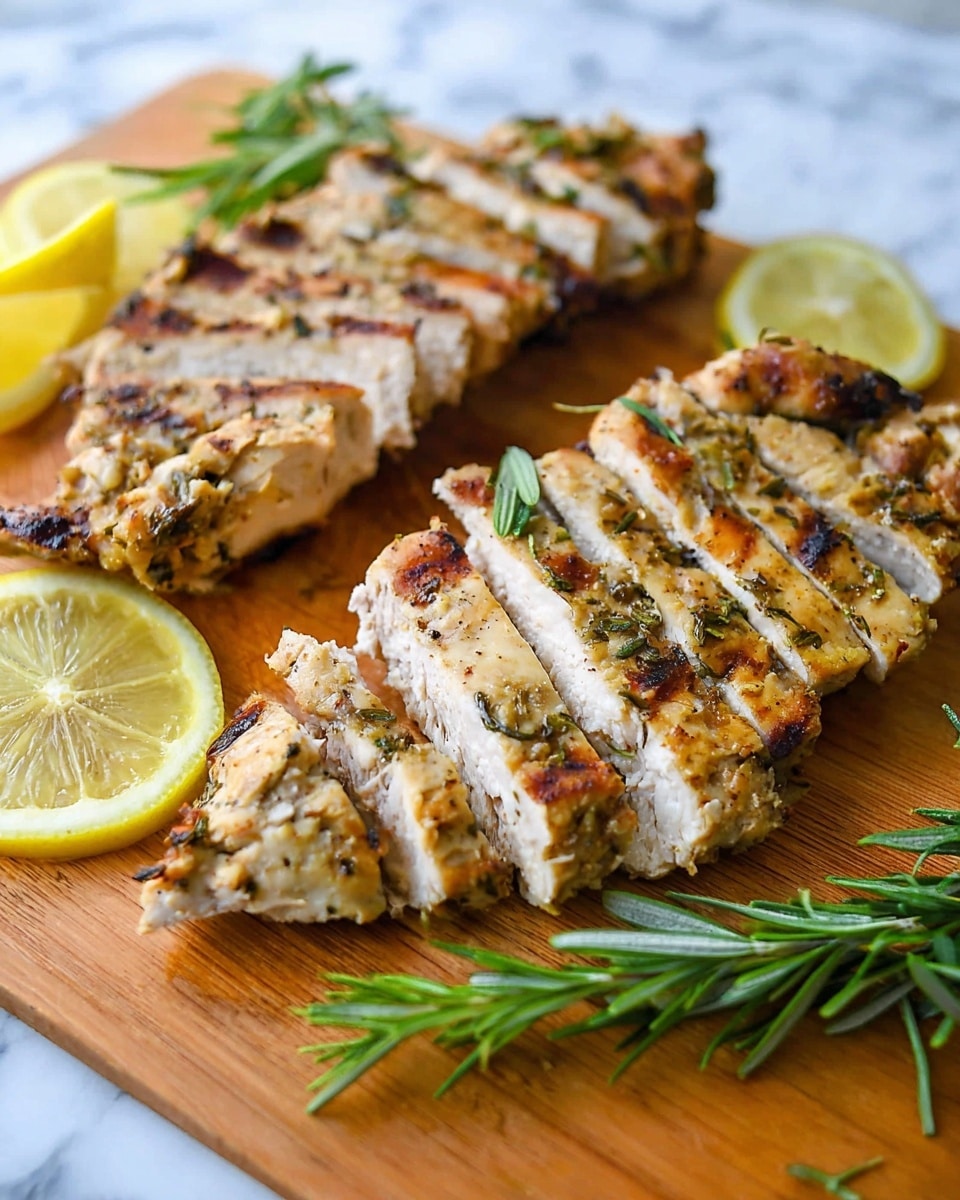 Two grilled chicken pieces are sliced into thick strips and placed on a wooden board, each piece showing a light golden brown crust with visible herbs embedded in the meat. Around the chicken, there are a few lemon slices with a bright yellow rind and a sprig of fresh green rosemary, adding color and freshness to the scene. The wooden board contrasts with a soft, blurred white marbled background. The texture of the chicken looks moist and tender with slight char marks. Photo taken with an iphone --ar 4:5 --v 7