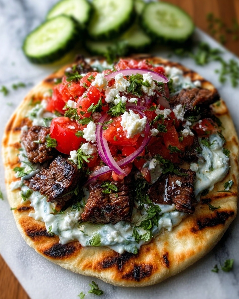 The image shows a flat round white pita bread as the base, lightly toasted with golden brown spots and soft texture. On top, there is a layer of creamy white sauce with small green herbs mixed in, spread evenly across the pita. Above this, there are pieces of grilled dark brown meat placed in a slightly scattered pattern. Fresh, bright red chopped tomatoes are piled near the center, mixed with thin slices of purple onion rings. Small white cheese crumbs are sprinkled on top, along with a few green herb leaves for garnish. In the background, sliced cucumbers with dark green skin and light green centers sit on the white marbled surface. The whole setup looks fresh and colorful. photo taken with an iphone --ar 4:5 --v 7