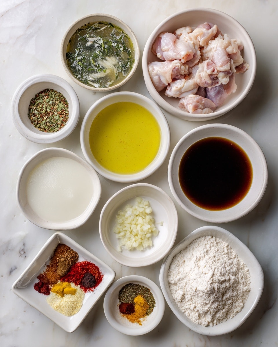 The image shows nine white bowls arranged on a white marbled surface, each filled with different cooking ingredients. In the top right, a white bowl contains raw chicken pieces with pale pink skin. Below it, a smaller white bowl holds a dark brown liquid, likely soy sauce. To the left, a small white bowl has three types of spices: a green herb, red flakes, and a dark spice. Below this is a large white bowl filled with a thick white liquid. Above this bowl, a medium white bowl contains a yellowish clear broth with herbs floating inside. To the left of the broth, a small white bowl holds minced garlic. Below it, a square white bowl contains a mix of powders and spices in red, green, yellow, and dark brown. Underneath this, a square white bowl is filled with white flour. To the bottom left, a medium white bowl contains chopped white onion pieces. At the very top left, there is a small white bowl filled with clear yellow oil. The clean arrangement highlights the varied textures and colors of the ingredients. photo taken with an iphone --ar 4:5 --v 7