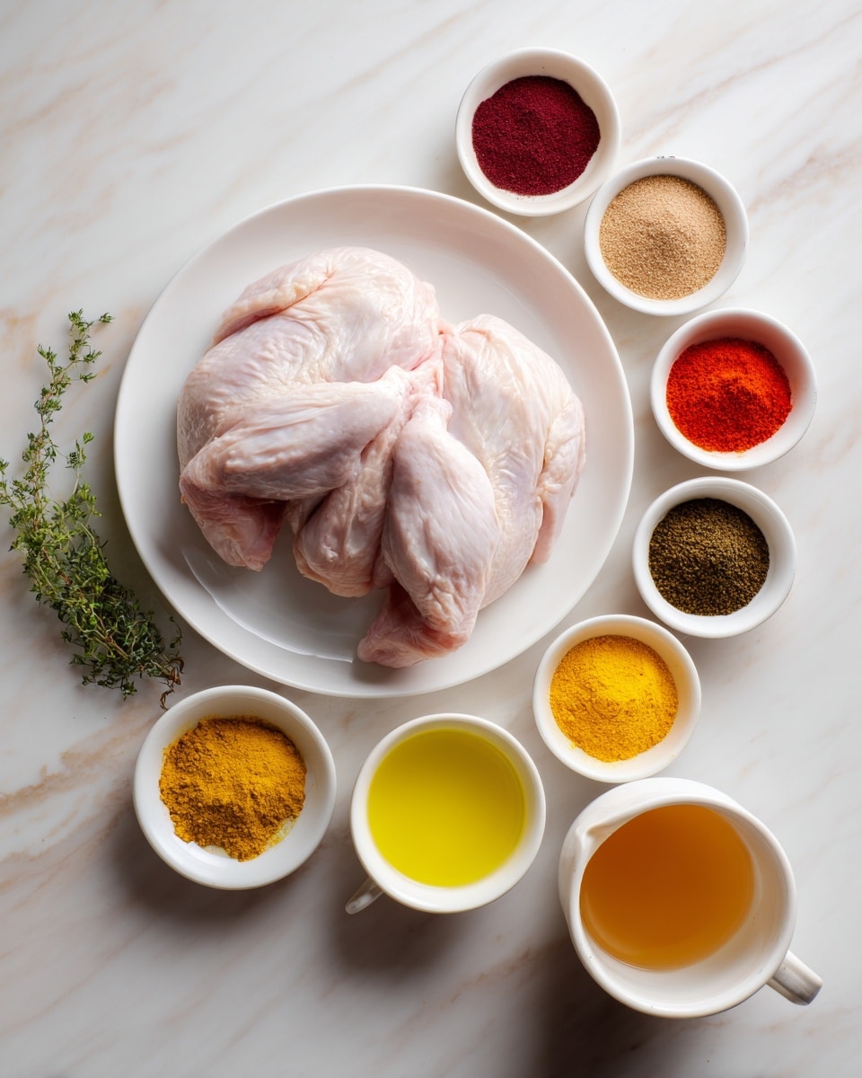The image shows two raw chicken pieces placed in the center of a white plate. Around the plate, there are small white bowls with different spices arranged in a neat circle, each bowl filled with a brightly colored powder, including deep red, light brown, bright yellow, and black spices. There is a small white cup with golden yellow liquid near the bottom right, another small white cup with a lighter brown liquid along the left side, and a small white bowl with a green herb near the bottom left. The whole setup is on a white marbled surface. photo taken with an iphone --ar 4:5 --v 7
