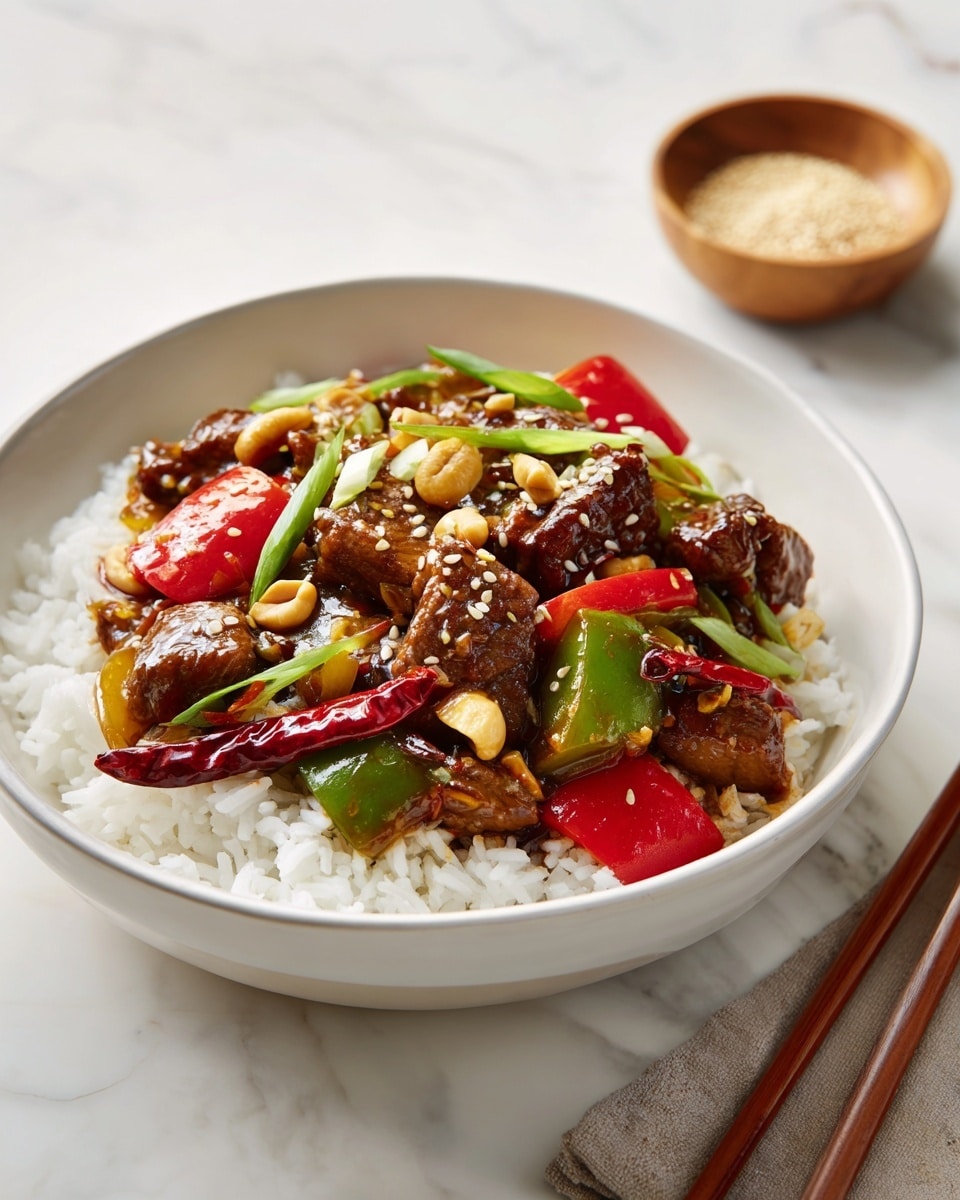 A white bowl is filled with two main layers. The bottom layer is soft white rice, covering half the bowl. On top and slightly to the right is a colorful stir-fry mix that has shiny, brown-glazed pieces of meat, big chunks of red and green bell peppers, whole light brown peanuts, green onion slices, and two dried red chili peppers. The stir-fry looks moist and thick with sauce, sprinkled lightly with white sesame seeds. The bowl sits on a white marbled surface with a pair of wooden chopsticks below. A small wooden bowl filled with sesame seeds is visible on the right side. Photo taken with an iphone --ar 4:5 --v 7